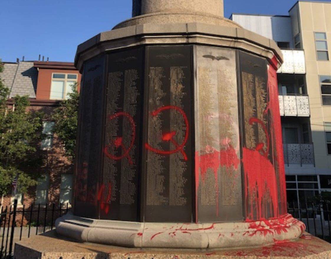 The War Memorial at Doughboy Square, in Pittsburgh, Pennsylvania was vandalized with red paint on Memorial Day.