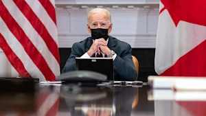 President Joe Biden participates in a virtual bilateral meeting with Canadian Prime Minister Justin Trudeau Tuesday, Feb. 23, 2021, in the Roosevelt Room of the White House.