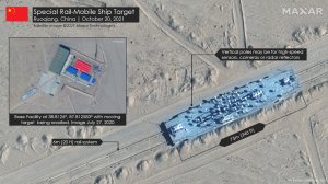 Detailed Photos of the mobile target at the Ruoqiang facility. H I Sutton Illustration for USNI News Satellite image ©2021 Maxar Technologies Used with Permission