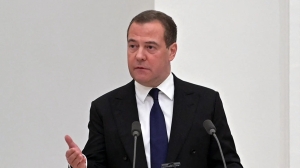 Deputy chairman of the Russian Security Council Dmitry Medvedev speaks during a meeting with members of the Security Council in Moscow on February 21, 2022.  (Photo by ALEXEY NIKOLSKY/Sputnik/AFP via Getty Images)