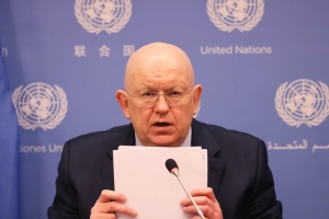 Russian ambassador to the United Nations, Vassily Nebenzia, speaks during a press conference at the United Nations headquarters in New York City on Feb. 28. MICHAEL M. SANTIAGO/GETTY IMAGES