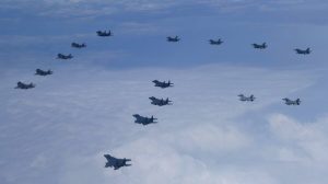 In this photo provided by South Korea Defense Ministry, U.S. and South Korea Air Force fighter jets including South Korea's F-35A stealth fighters – and U.S. F-16 fighter jets, fly in formation during a joint drill on June, 7, 2022. (South Korea Defense Ministry via AP)